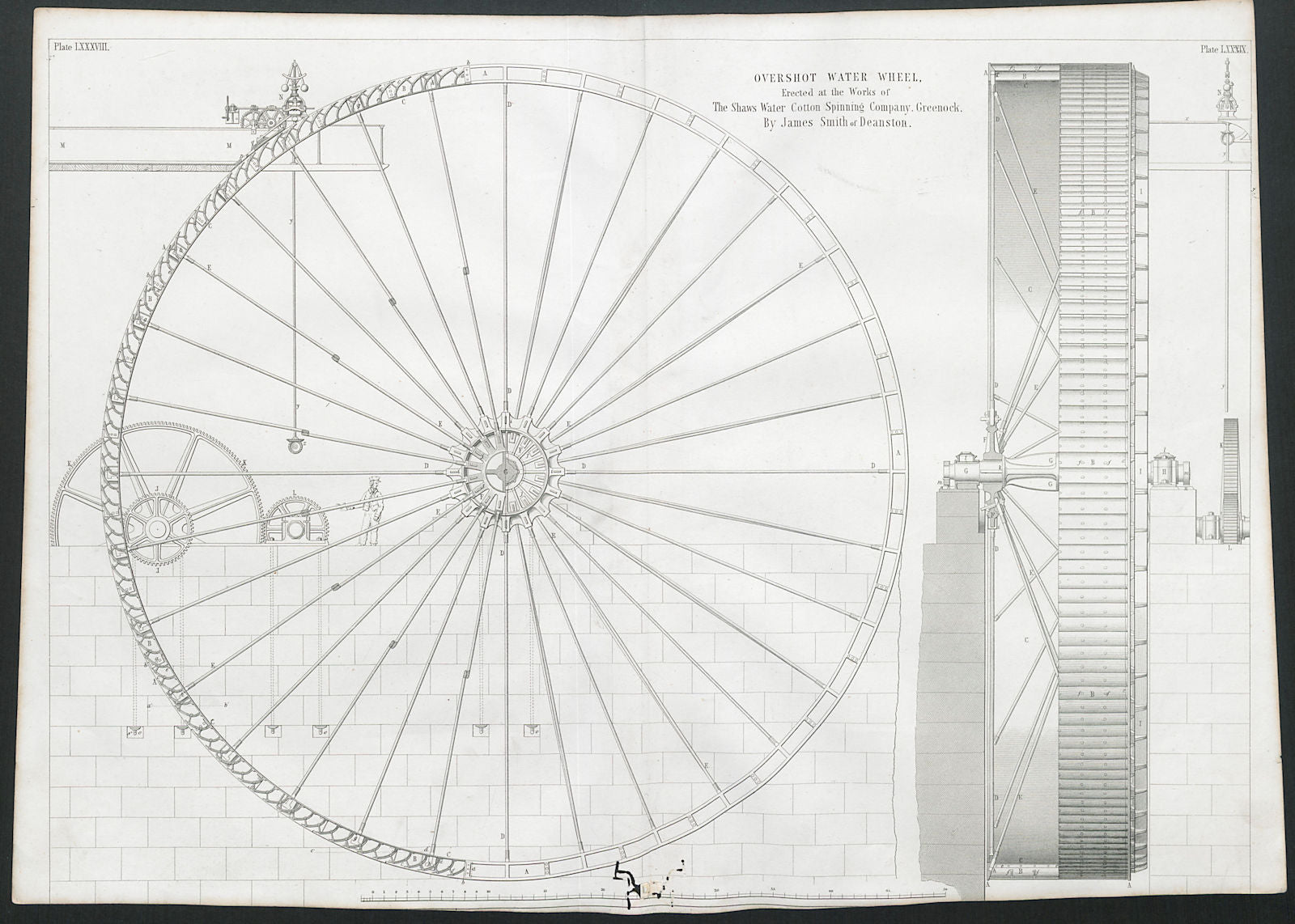 19C ENGINEERING DRAWING Water wheel Shaws Water Cotton Spinning Co Greenock 1847